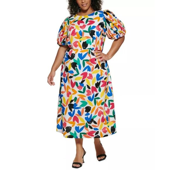 Calvin Klein Dresses & Skirts - NWT Calvin Klein Colorful Print Dress Size 20W Puff Sleeve Cotton Artsy Rainbow